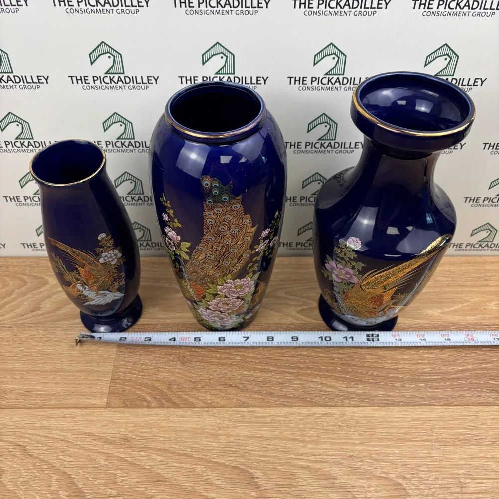 Vintage Japanese Cobalt Blue Porcelain Vase Set 3pc Peacock Pheasant Gold Gilt